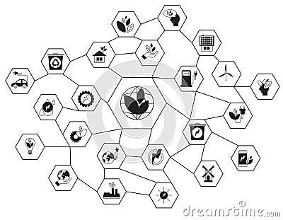 Diagram with ecological icons. Flat vector illustration. Concept of environmental protection and green energy. Vector Illustration